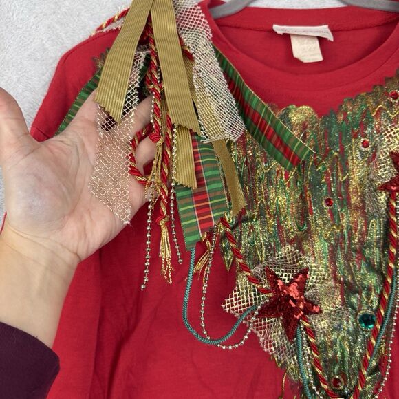 Vtg Puffy Paint Christmas Tree Shirt O/S L? 3D Bow Bead Sequin Funky Artsy 80s - Picture 4 of 14
